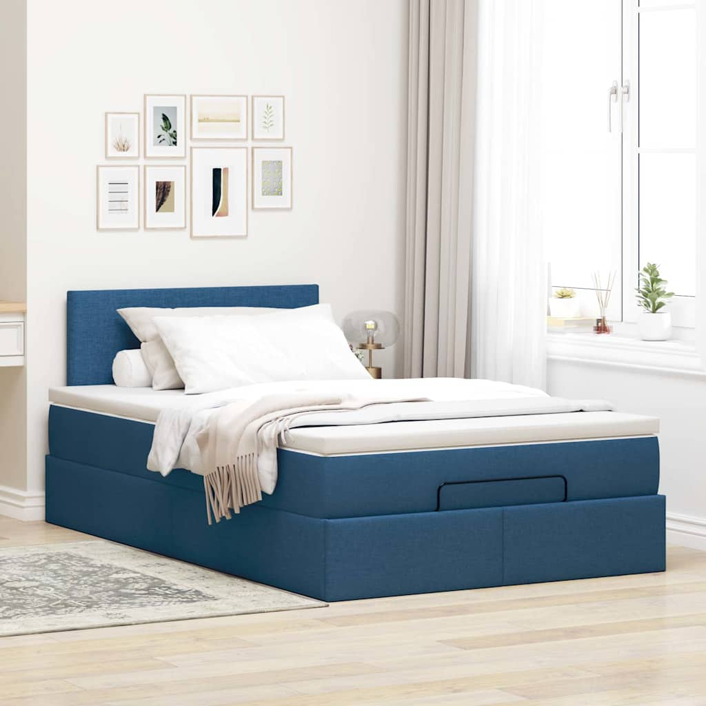 Cadre de lit ottoman avec matelas bleu 120x190 cm tissu