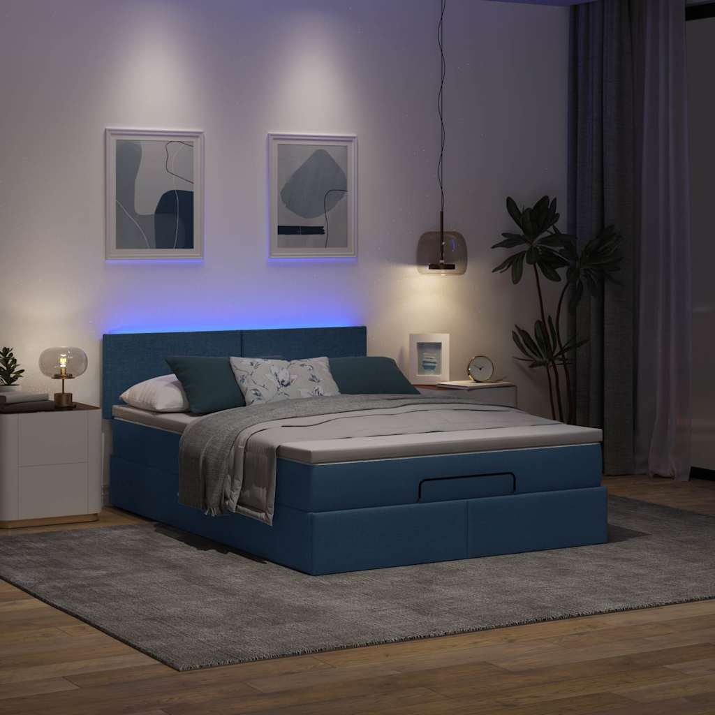 Lit ottoman avec matelas bleu 140x190 cm tissu