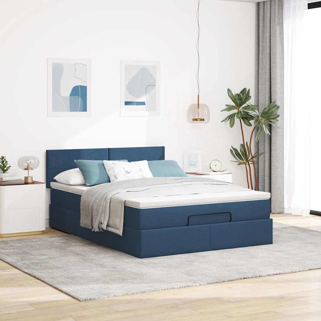 Ottoman bed frame with blue mattress 140x200 cm fabric