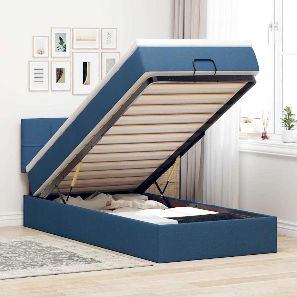 Cadre de lit ottoman avec matelas bleu 80x200 cm tissu