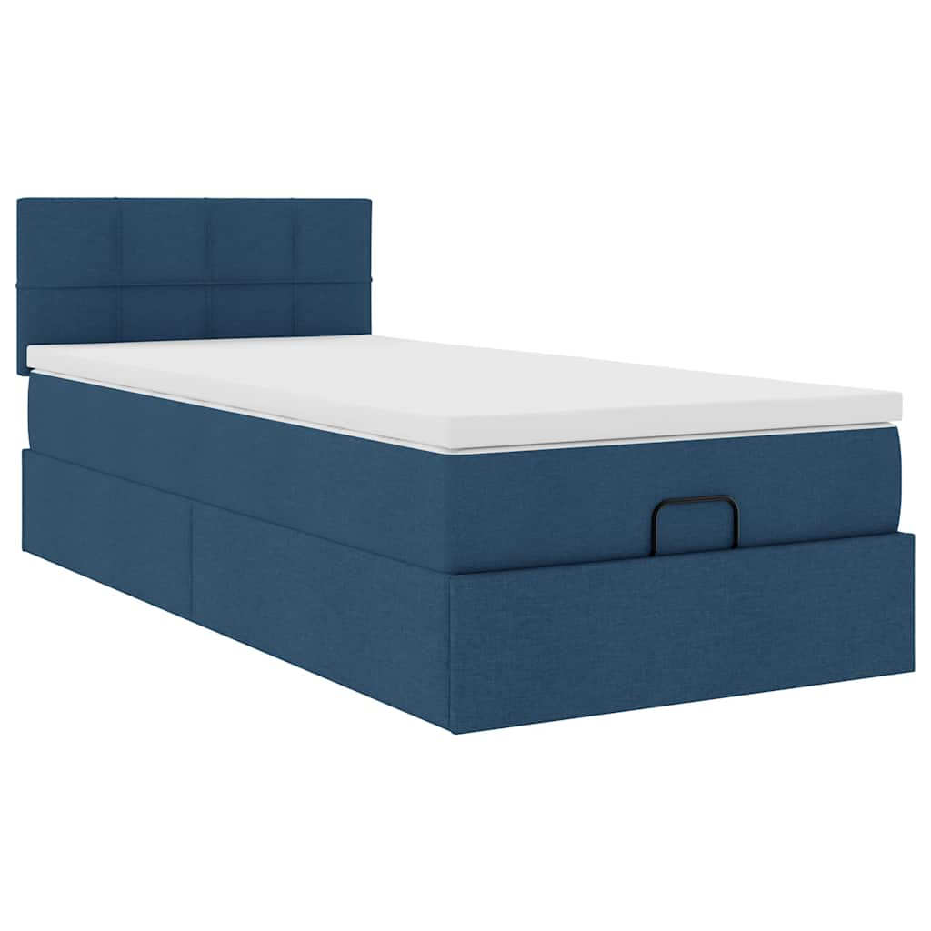 Cadre de lit ottoman avec matelas bleu 90x190 cm tissu