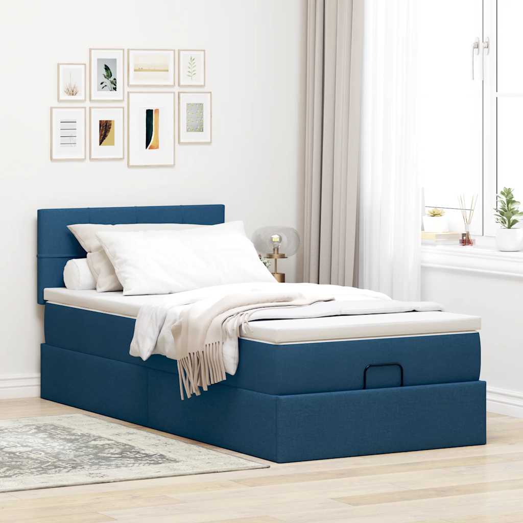 Ottoman bed with blue mattress 90x200 cm fabric