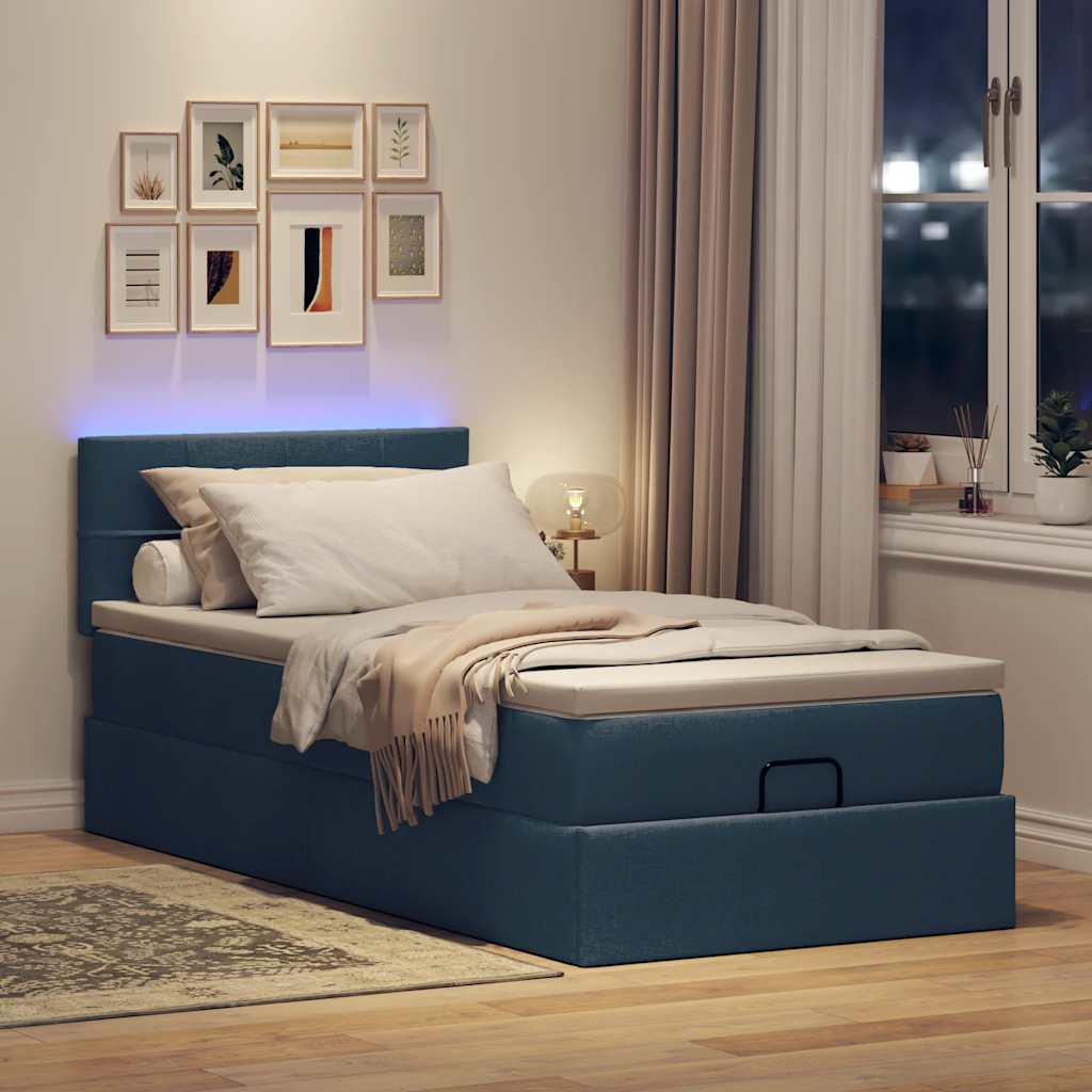 Ottoman bed with blue mattress 90x200 cm fabric