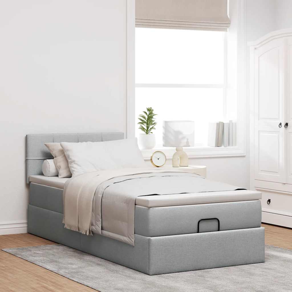 Lit ottoman avec matelas gris clair 100x200 cm tissu