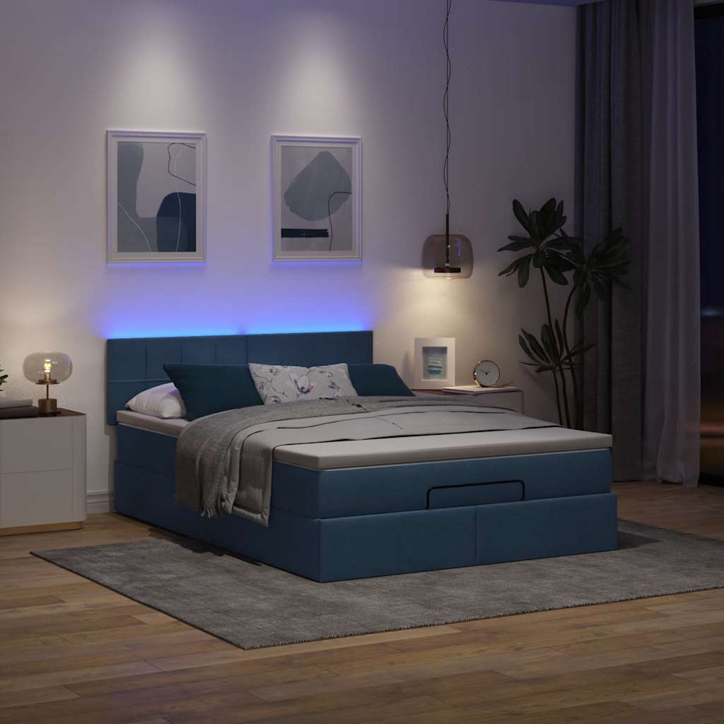 Lit ottoman avec matelas bleu 140x190 cm tissu