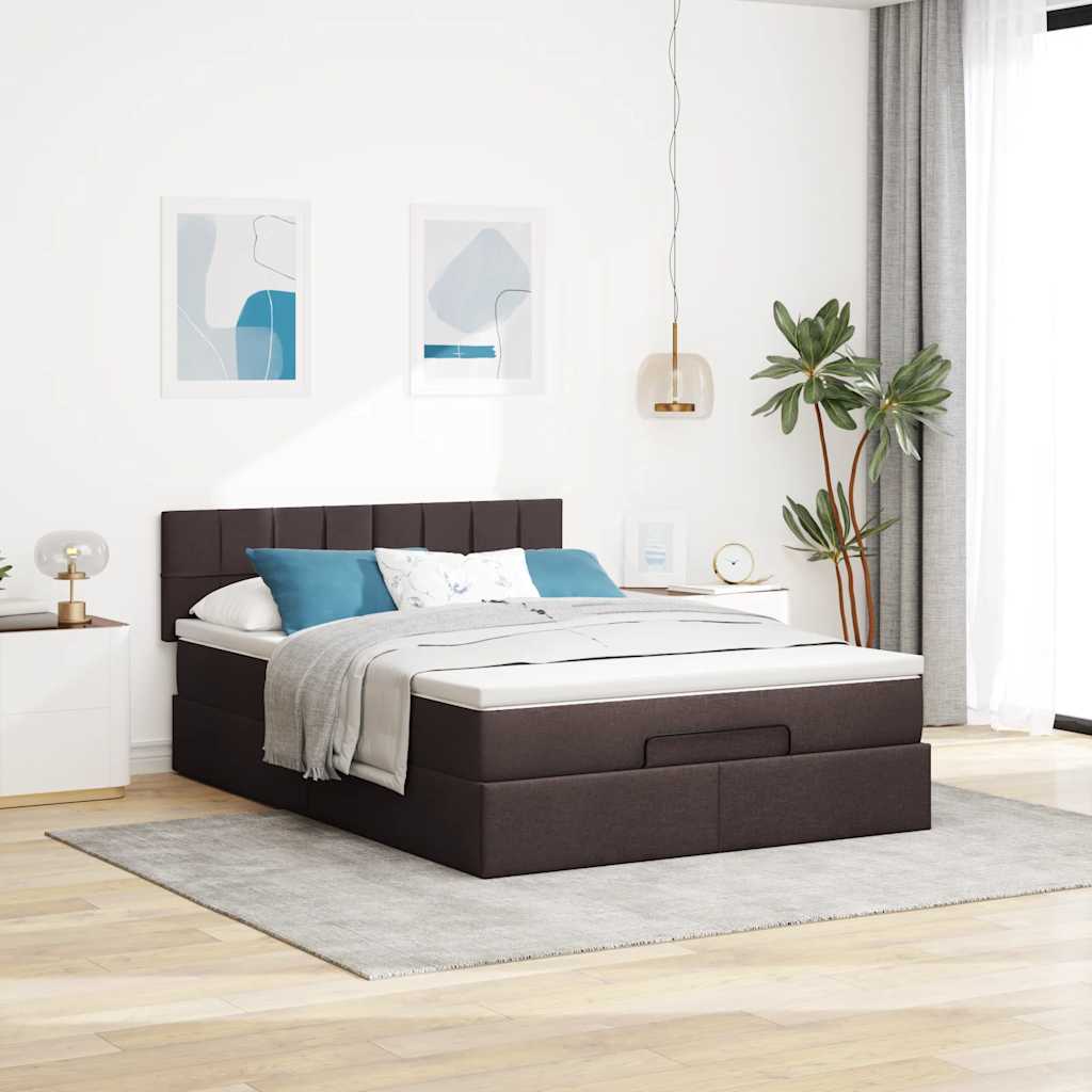 Cadre de lit ottoman avec matelas marron foncé 140x200 cm tissu