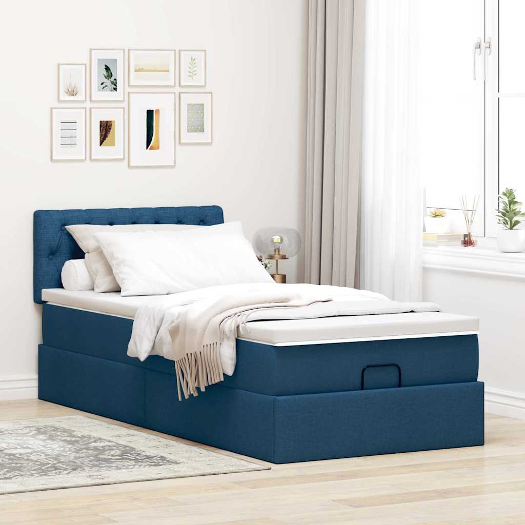 Cadre de lit ottoman avec matelas bleu 80x200 cm tissu