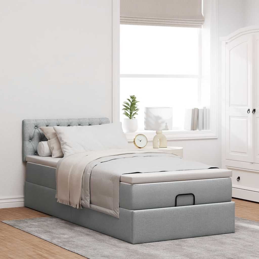 Lit ottoman avec matelas gris clair 100x200 cm tissu