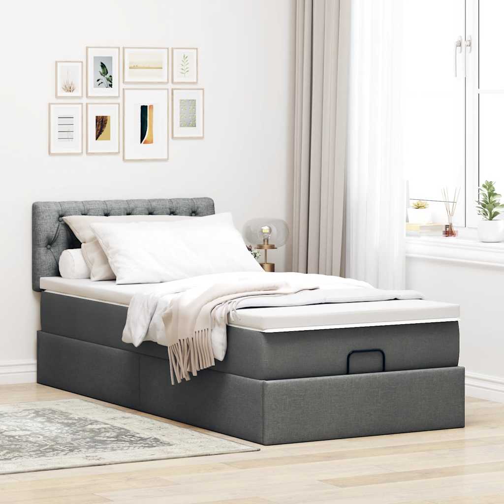 Cadre de lit ottoman avec matelas gris foncé 100x200 cm tissu