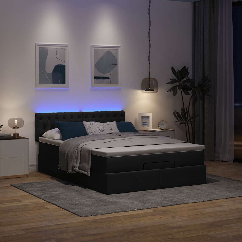 Lit ottoman avec matelas et LED noir 140x190 cm tissu