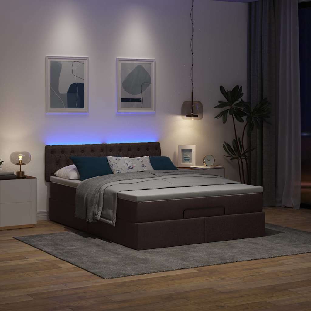 Lit ottoman avec matelas et LED marron foncé 140x190 cm tissu