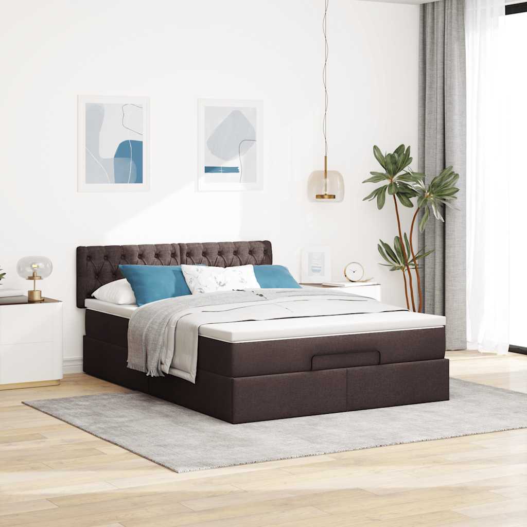 Lit ottoman avec matelas et LED marron foncé 140x190 cm tissu