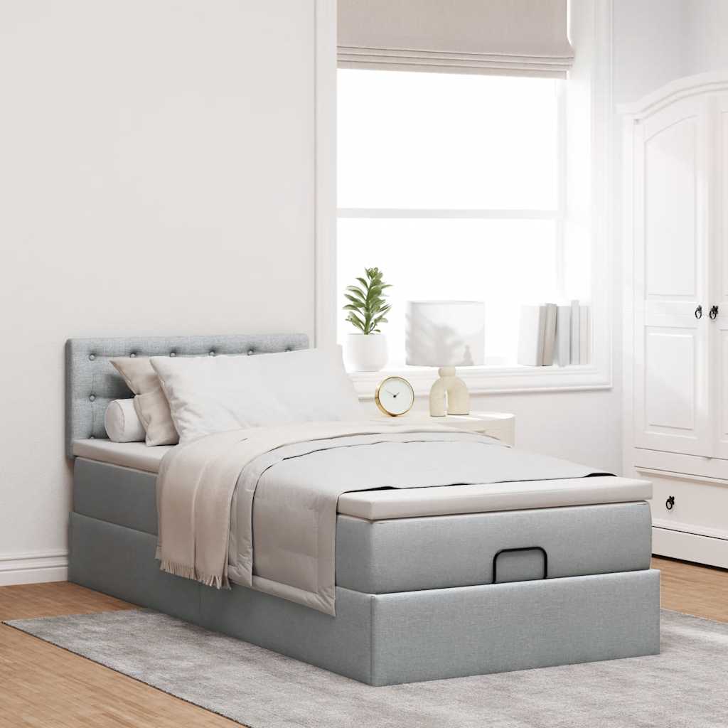 Cadre de lit ottoman et matelas gris clair 90x190 cm tissu