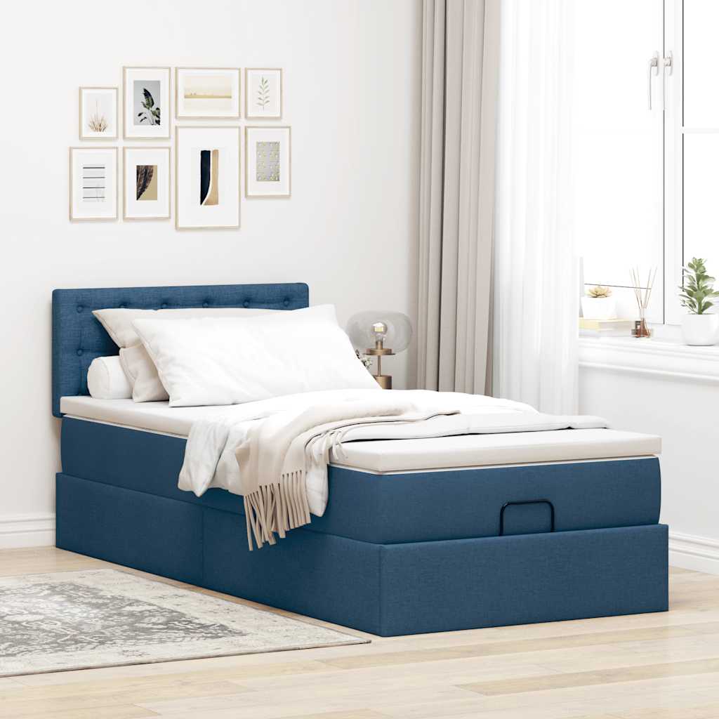 Cadre de lit ottoman avec matelas bleu 90x190 cm tissu