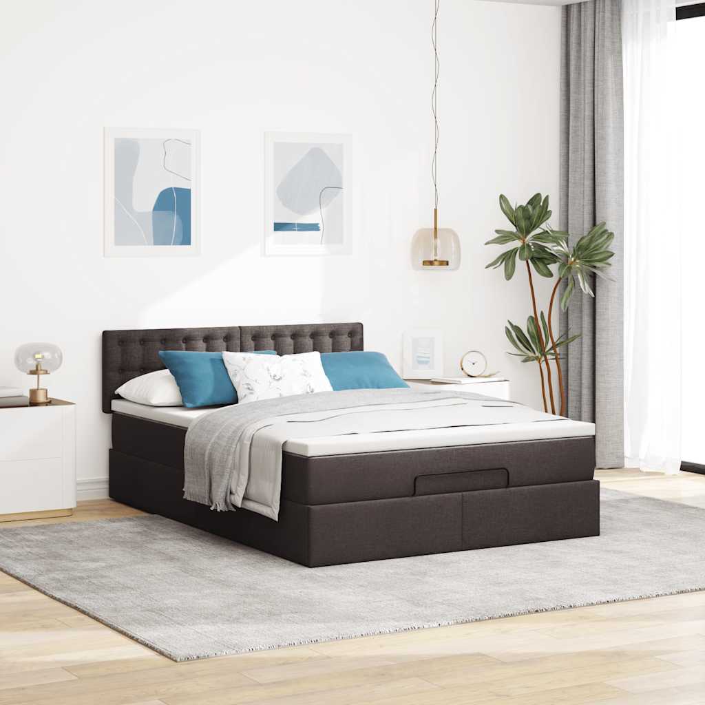 Lit ottoman avec matelas et LED marron foncé 140x190 cm tissu