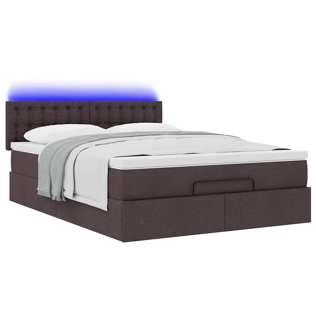 Lit ottoman avec matelas et LED marron foncé 140x190 cm tissu