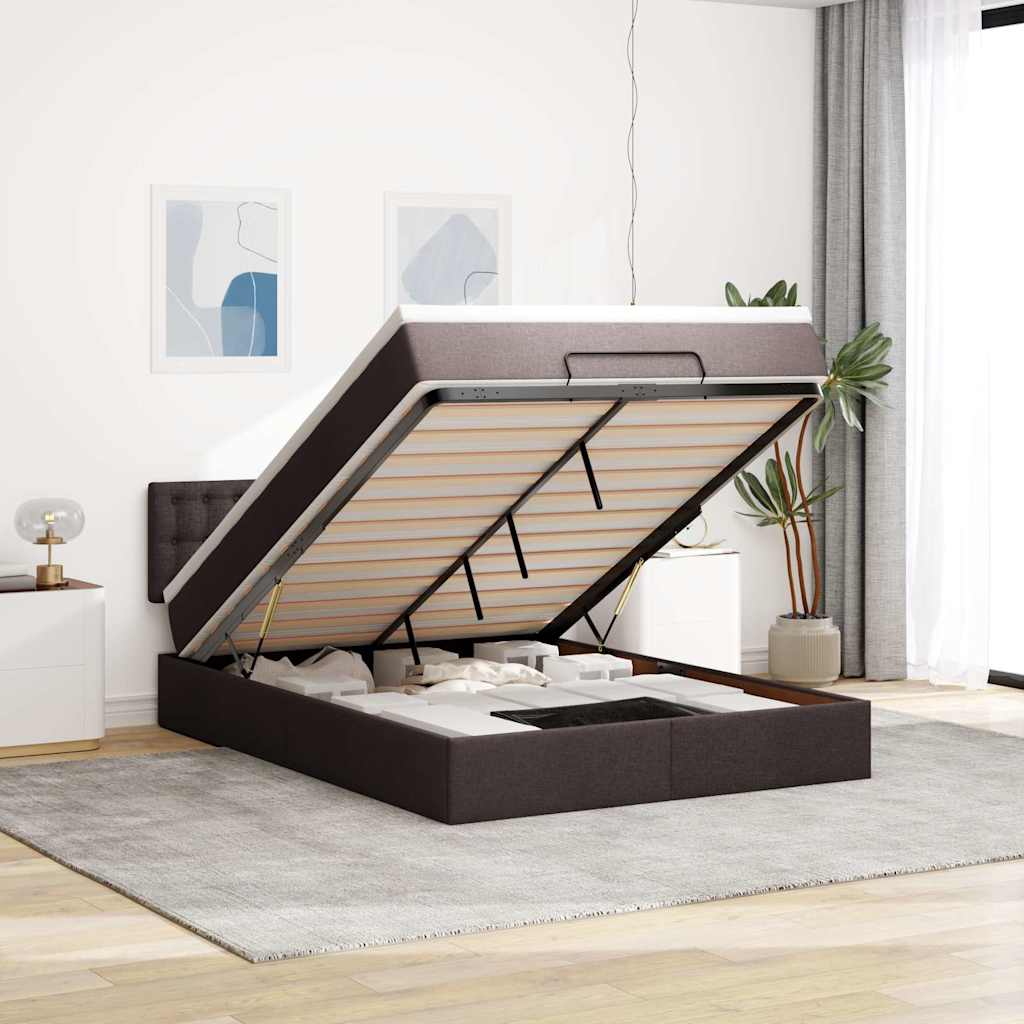 Lit ottoman avec matelas et LED marron foncé 140x190 cm tissu