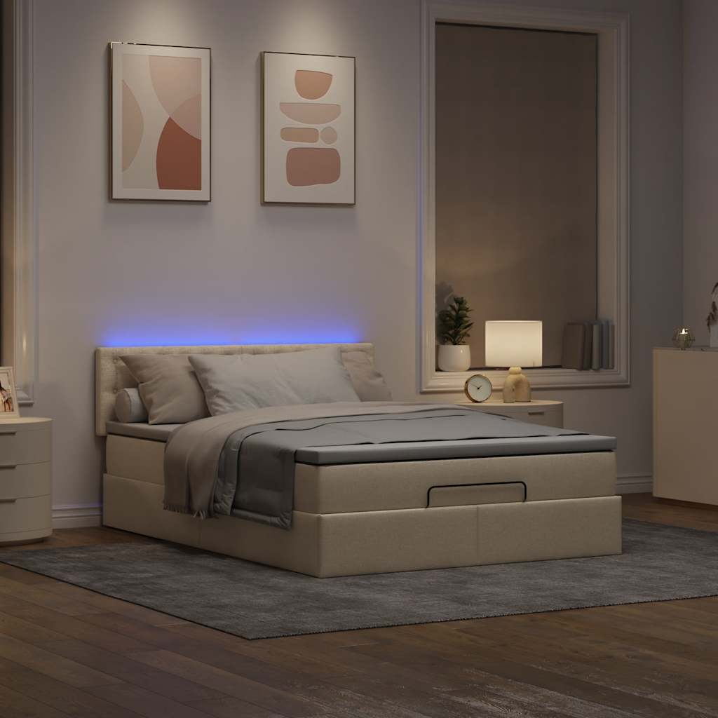 Lit ottoman avec matelas et LED crème 140x190 cm tissu