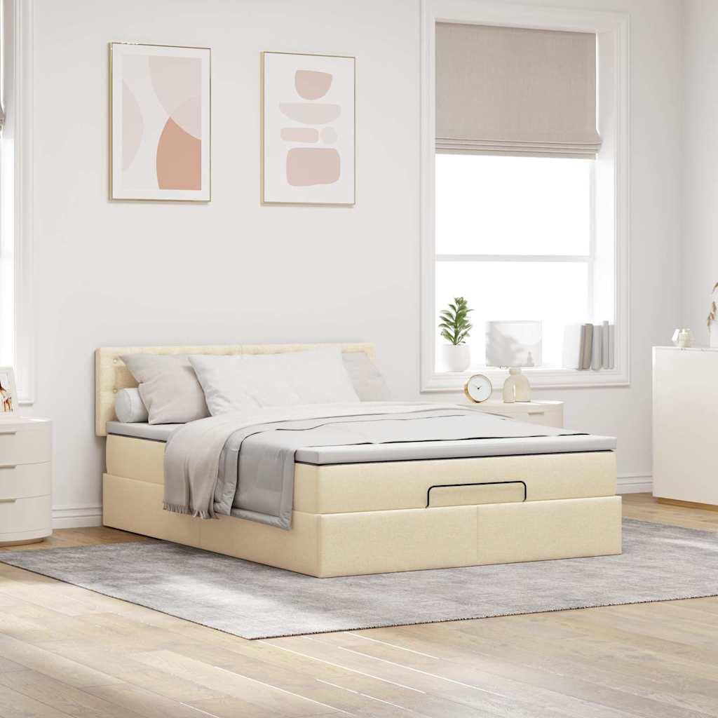 Lit ottoman avec matelas et LED crème 140x190 cm tissu