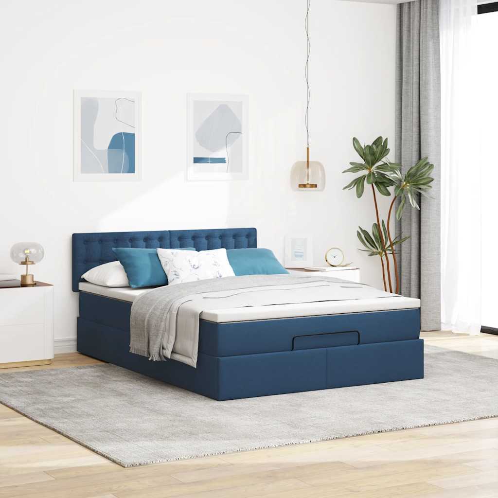 Lit ottoman avec matelas bleu 140x190 cm tissu