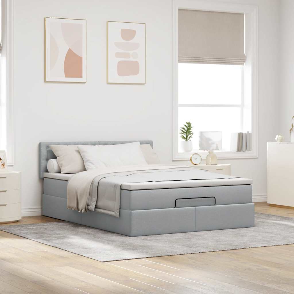 Ottoman bed frame and mattress light gray 140x200 cm fabric