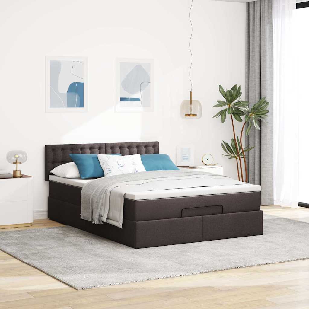 Cadre de lit ottoman avec matelas marron foncé 140x200 cm tissu