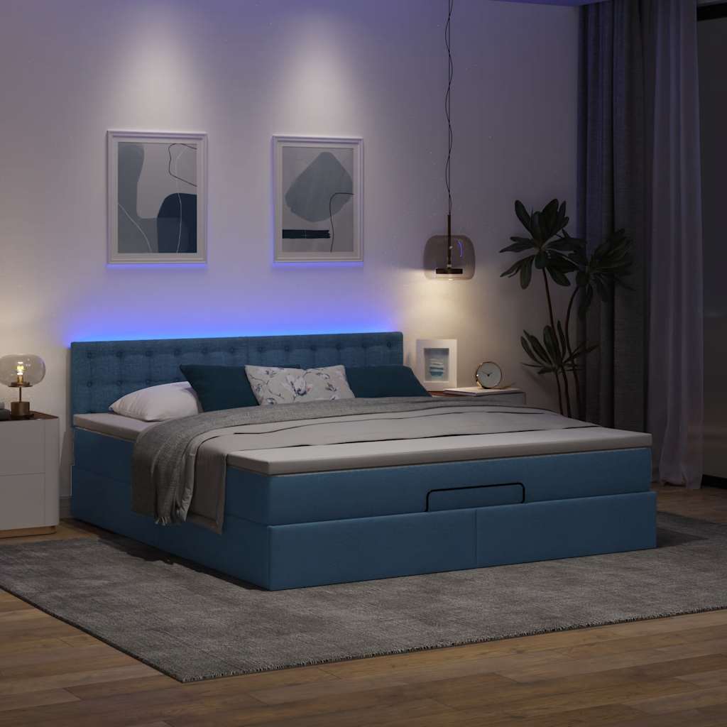 Cadre de lit ottoman avec matelas bleu 160x200 cm tissu