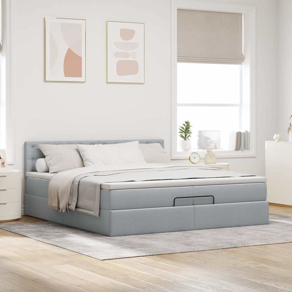 Ottoman bed frame and mattress light gray 200x200cm fabric