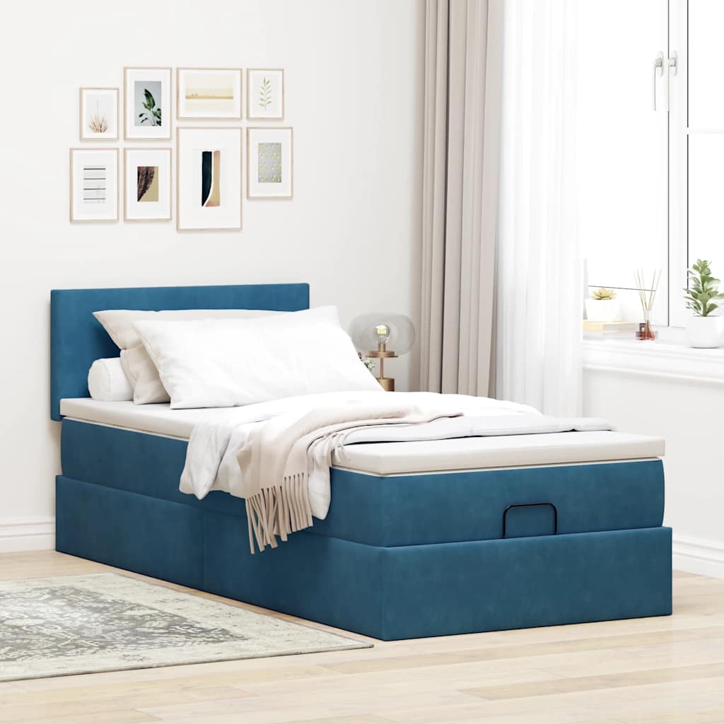 Ottoman bed frame with dark blue mattress 80x200 cm velvet