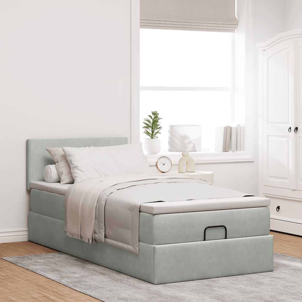 Cadre de lit ottoman et matelas gris clair 90x190 cm velours