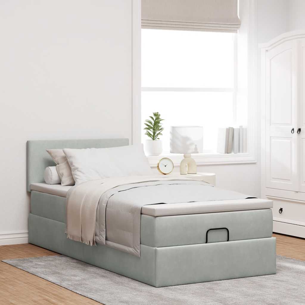 Cadre de lit ottoman et matelas gris clair 90x200 cm velours