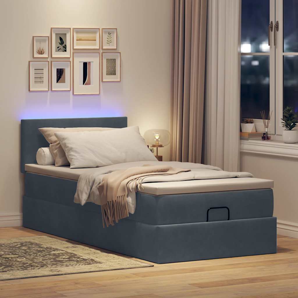 Cadre de lit ottoman et matelas gris foncé 90x200 cm velours