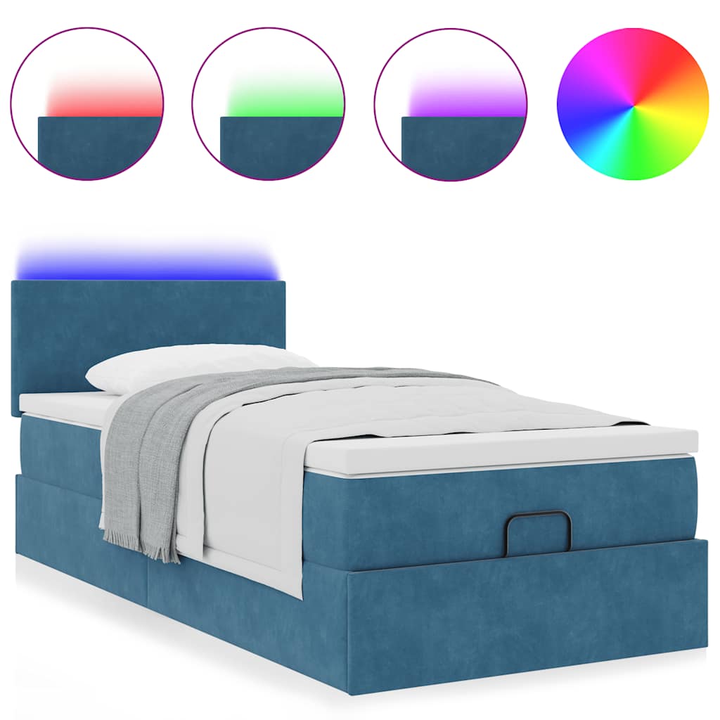 Cadre de lit ottoman avec matelas bleu foncé 90x200 cm velours