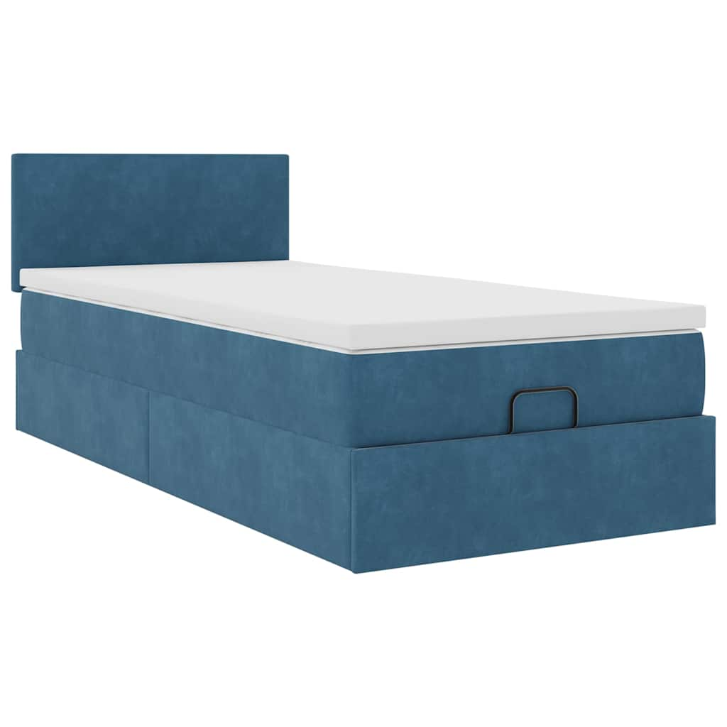 Ottoman bed frame with dark blue mattress 100x200 cm velvet