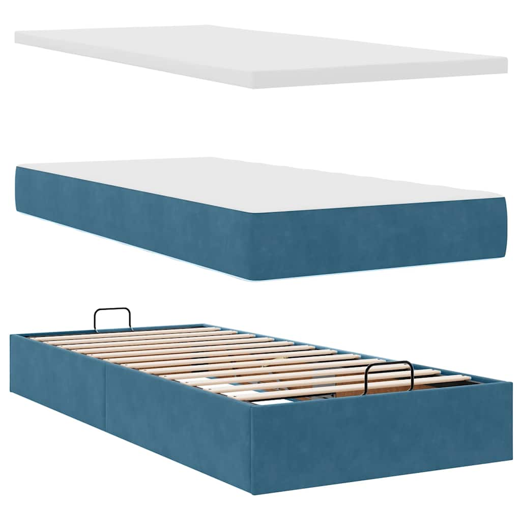 Ottoman bed frame with dark blue mattress 100x200 cm velvet