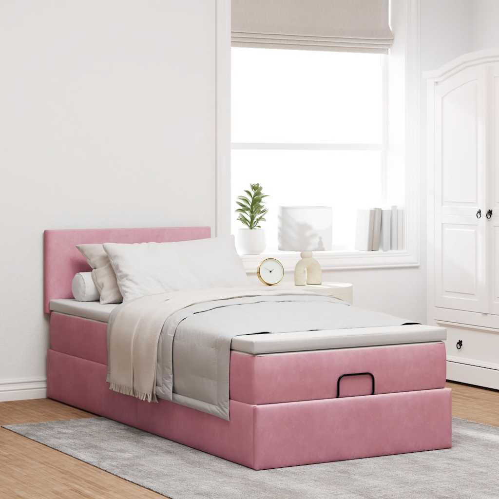 Cadre de lit ottoman avec matelas rose 100x200 cm velours