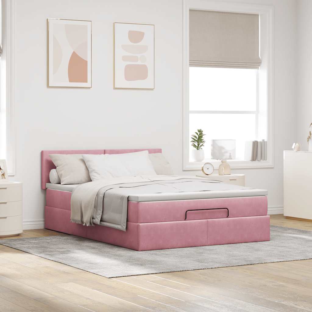 Cadre de lit ottoman avec matelas rose 140x190 cm velours