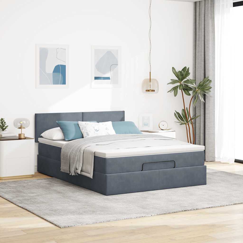 Cadre de lit ottoman avec matelas gris foncé 140x200 cm velours