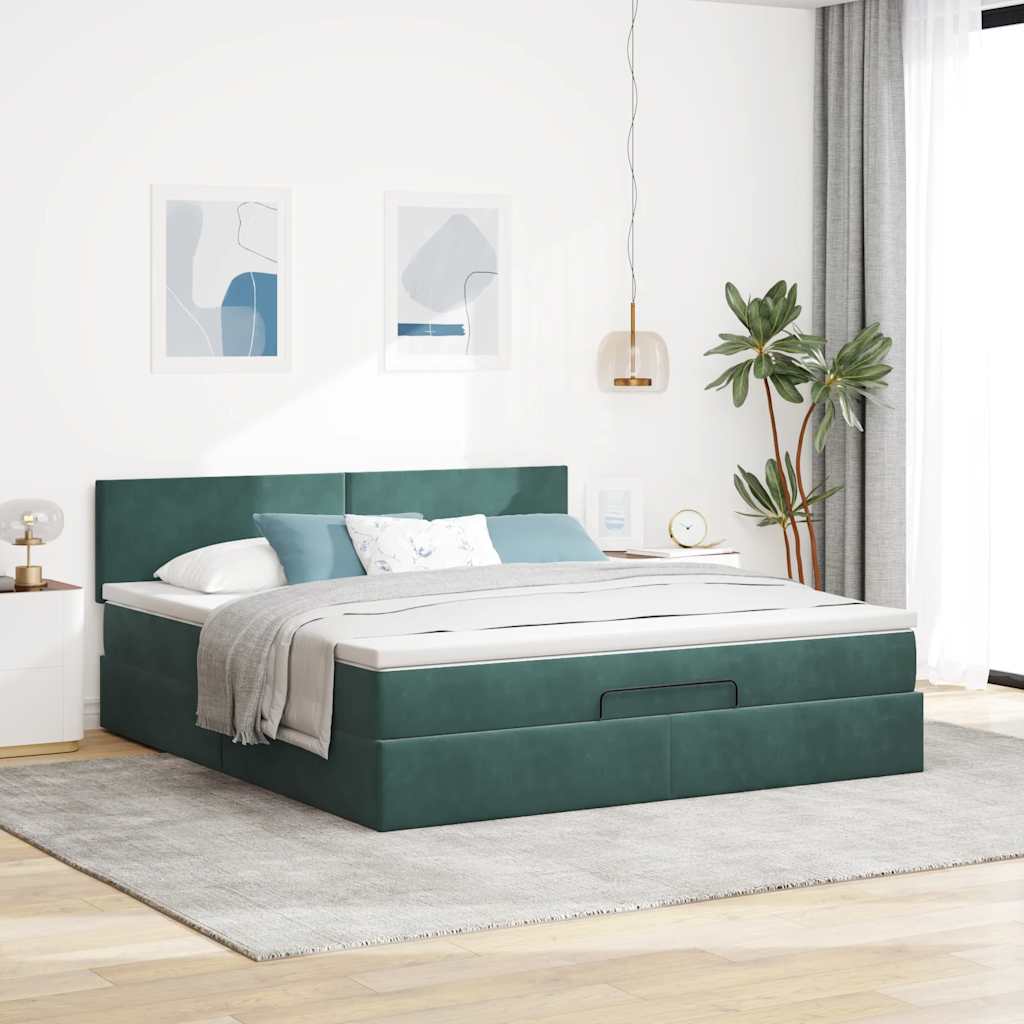 Cadre de lit ottoman avec matelas vert foncé 160x200 cm velours