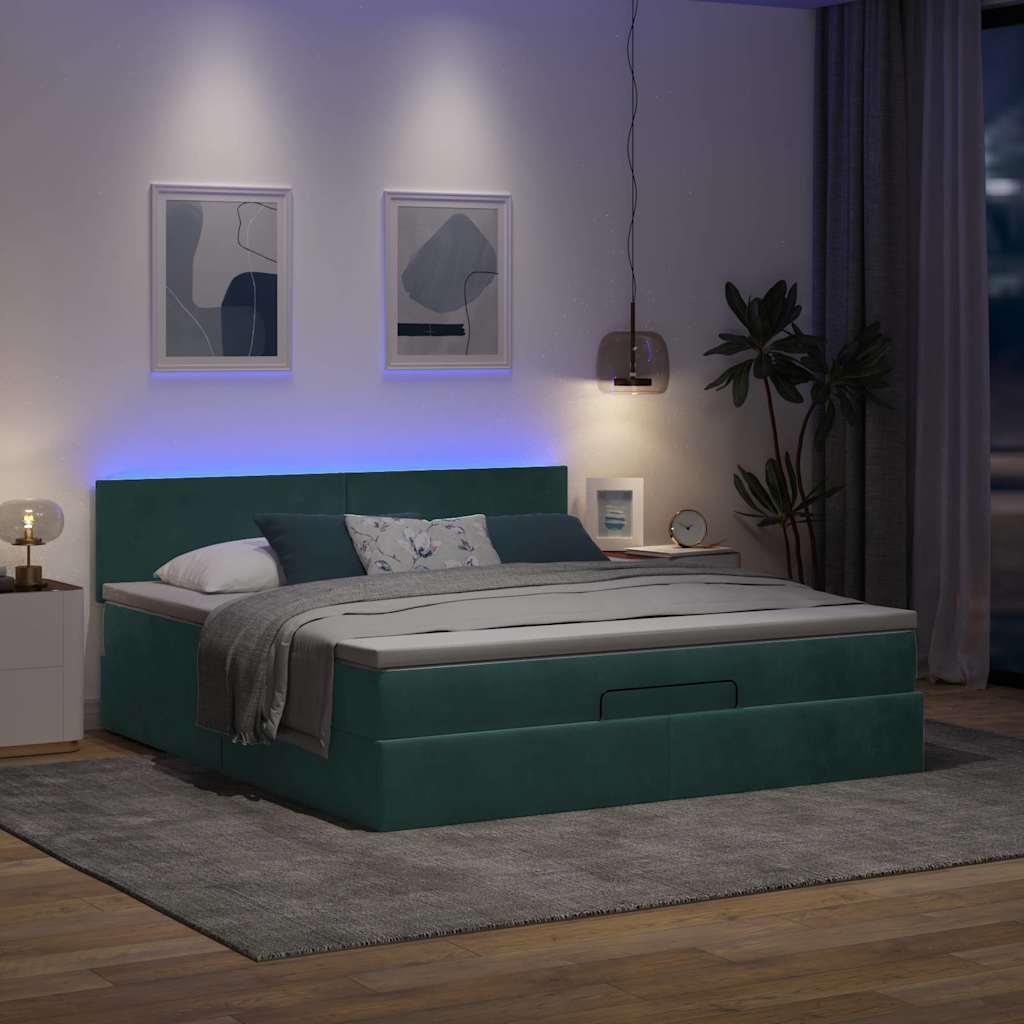 Cadre de lit ottoman avec matelas vert foncé 180x200 cm velours