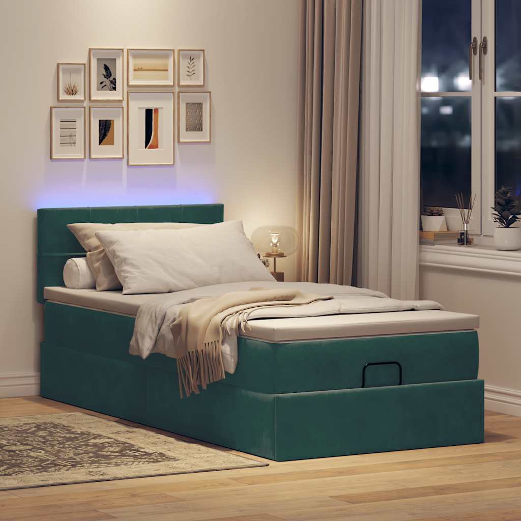 Cadre de lit ottoman avec matelas vert foncé 90x190 cm velours