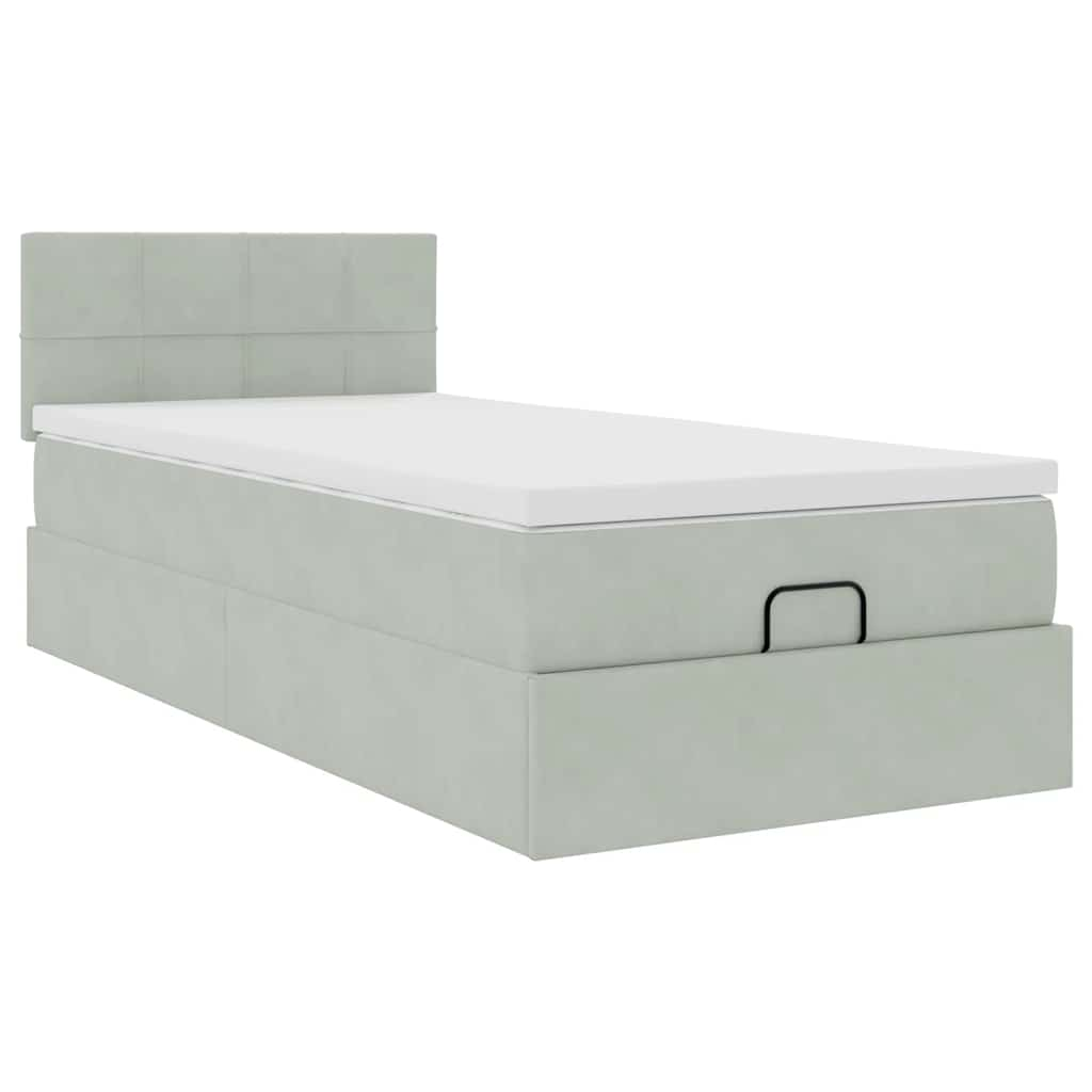 Cadre de lit ottoman et matelas gris clair 90x200 cm velours