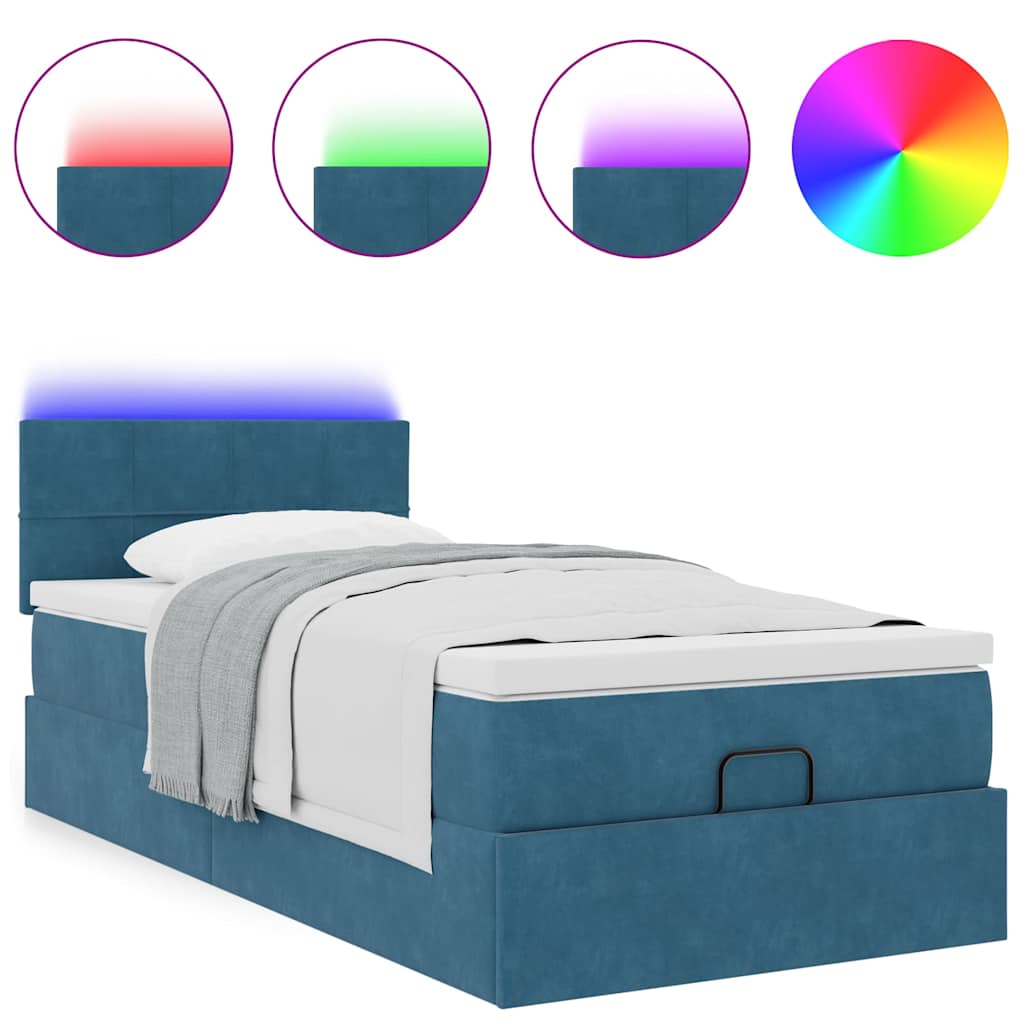 Cadre de lit ottoman avec matelas bleu foncé 90x200 cm velours