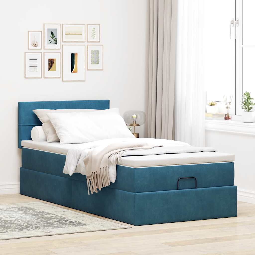 Cadre de lit ottoman avec matelas bleu foncé 90x200 cm velours