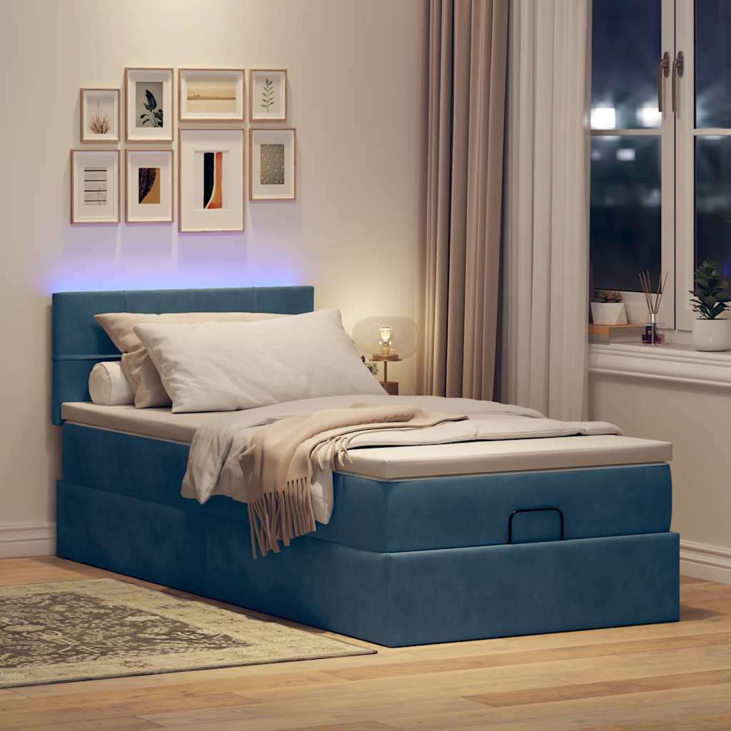 Cadre de lit ottoman avec matelas bleu foncé 90x200 cm velours