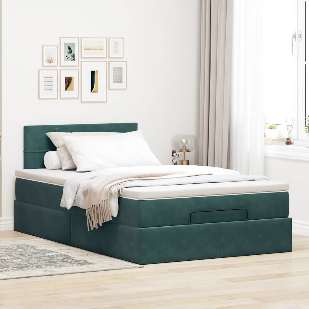 Ottoman bed frame with dark green mattress 120x190 cm velvet