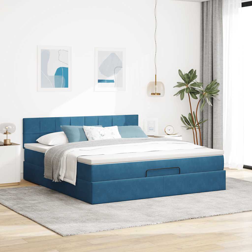 Cadre de lit ottoman avec matelas bleu foncé 160x200 cm velours