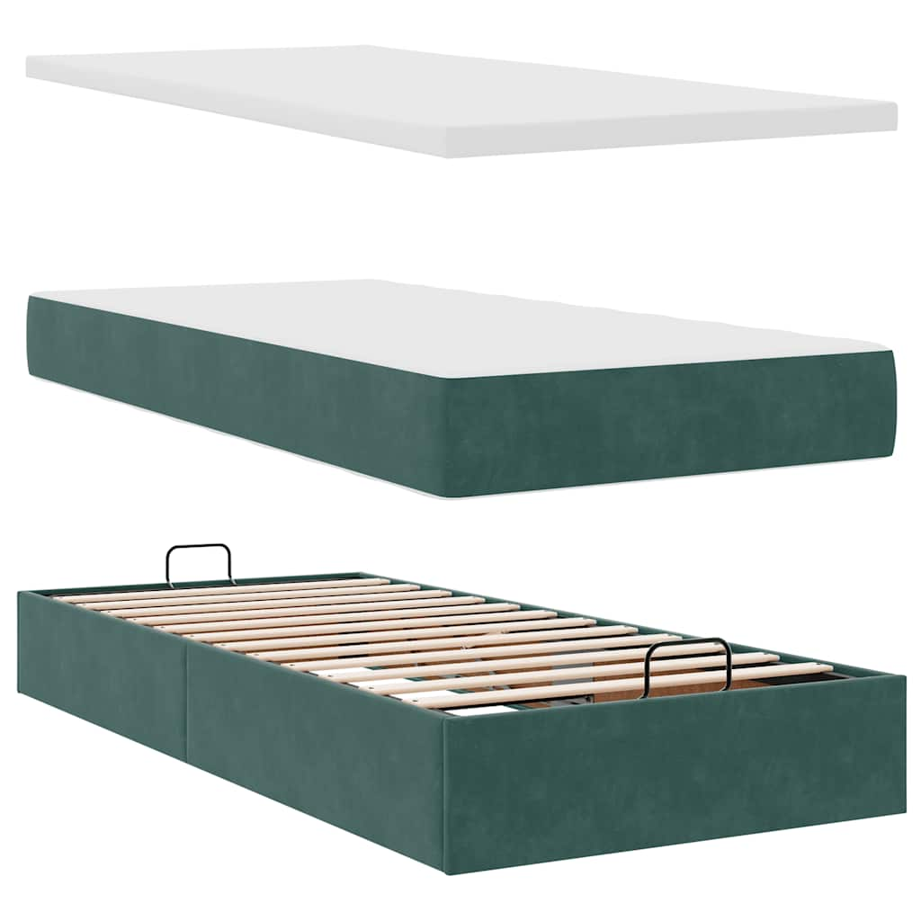 Ottoman bed frame with dark green mattress 90x190 cm velvet