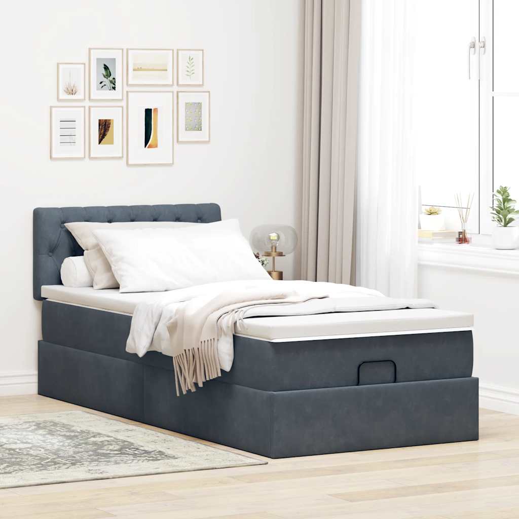 Cadre de lit ottoman et matelas gris foncé 90x200 cm velours