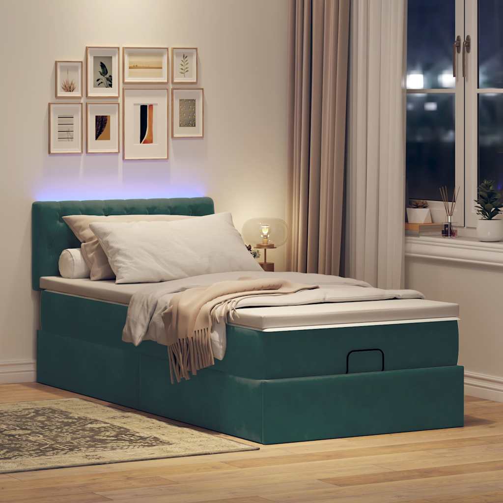 Cadre de lit ottoman avec matelas vert foncé 90x200 cm velours